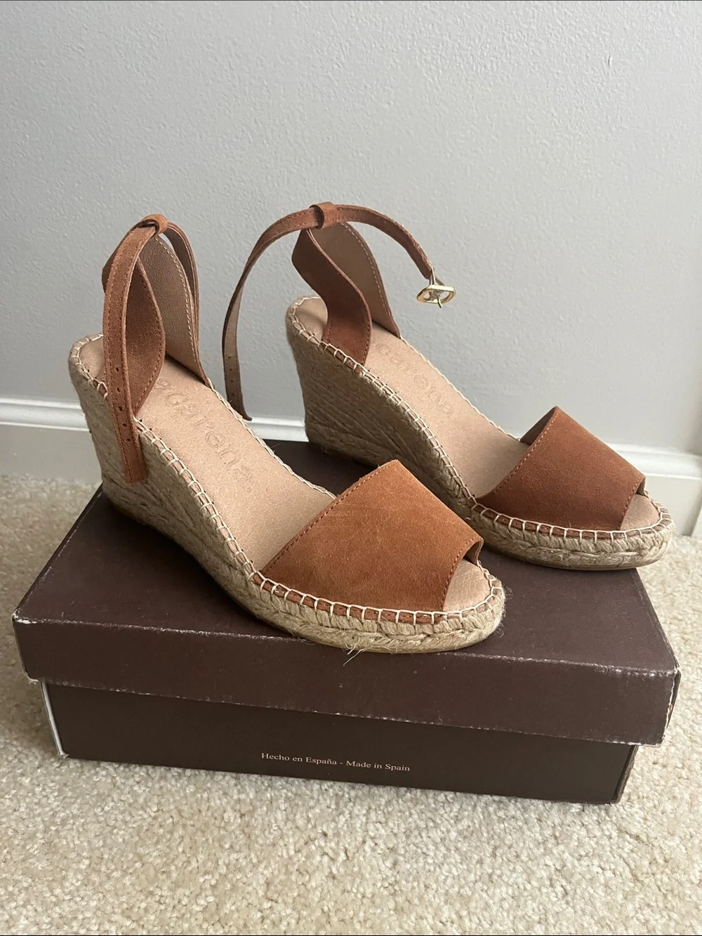 Suede Espadrille Wedge Sandals in Cognac Brown